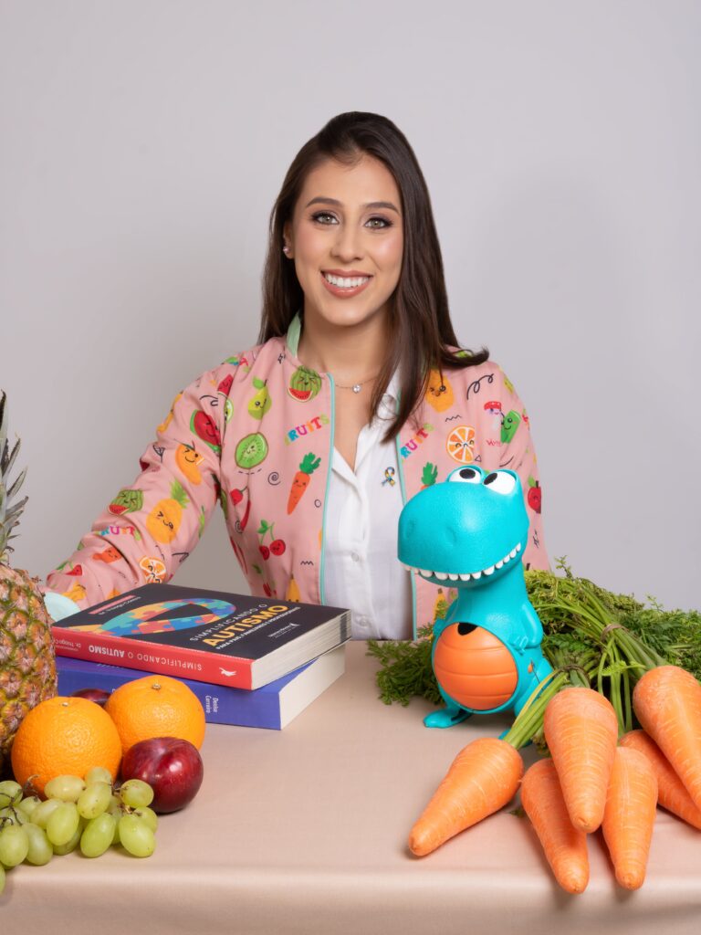 woman with fruit veggies and books